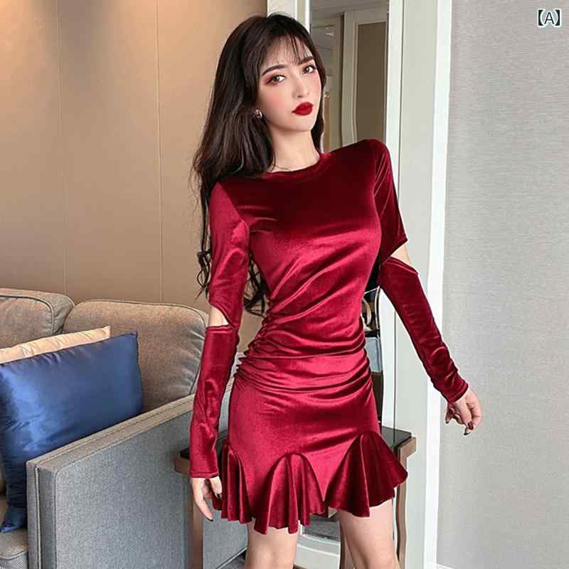 キャバ ワンピース レディース おしゃれ 春 長袖 タイト セクシー ミニ フレアスカート フリル 裾 マーメイド 金糸ベルベット きらきら 上品 パーティー クラブ