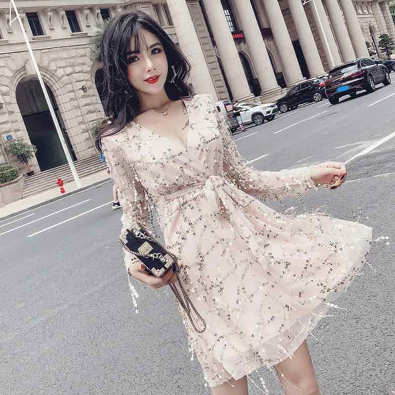 キャバ ワンピース レディース おしゃれ 長袖 Vネック セクシー 秋 きらきら スパンコール ウエストマーク 細見え パーティー 夜店 プリンセス