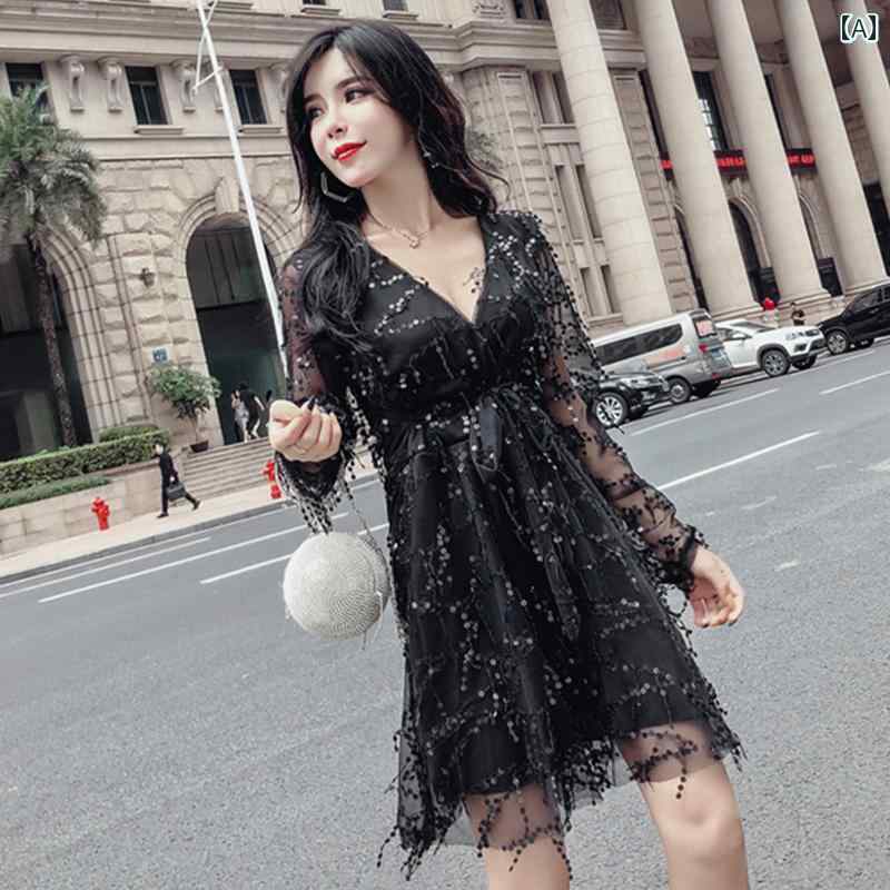 キャバ ワンピース レディース おしゃれ 長袖 Vネック セクシー 秋 きらきら スパンコール ウエストマーク 細見え パーティー 夜店 プリンセス