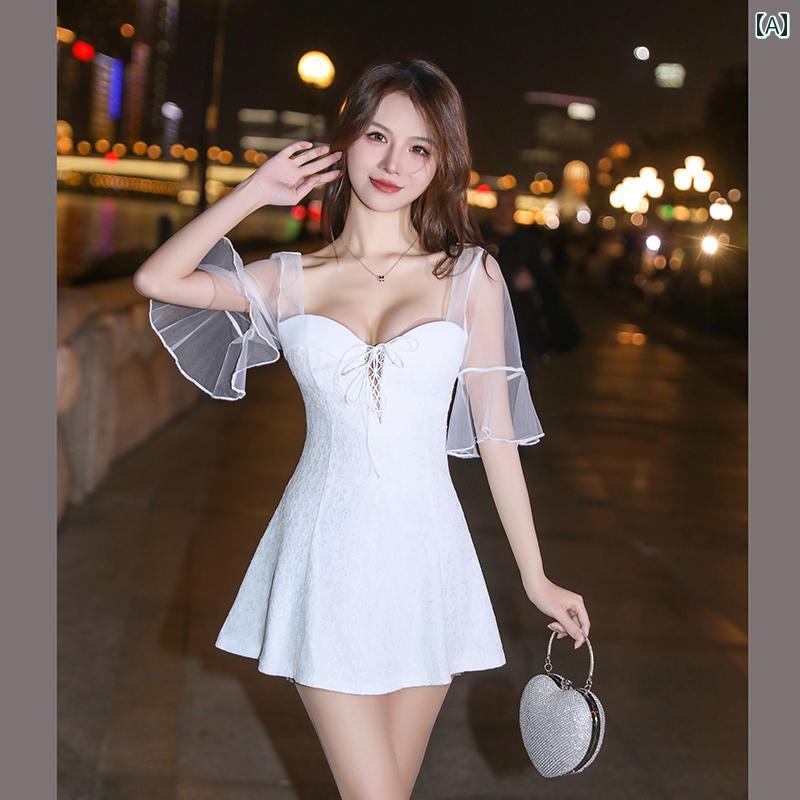 フロントップ楽天市場店のキャバ ワンピース レディース おしゃれ 春夏 セクシー Vネック 透け感 透け風 低胸 Aライン 小柄 細見え スリム 夜遊び パーティー スリムフィット 体型カバー｜アングル2