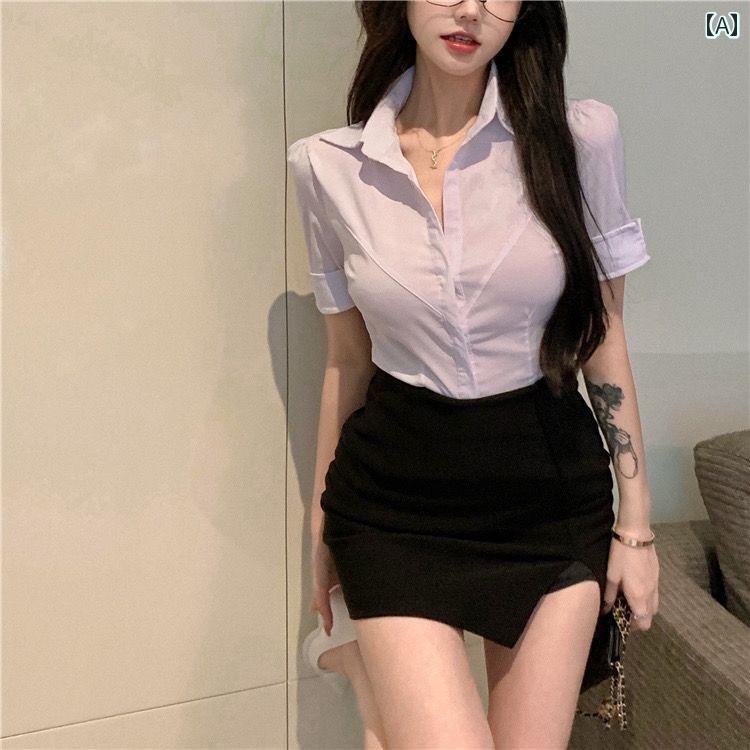 セットアップ レディース おしゃれ セクシー スリムフィット 白 半袖 シャツ タイト スカート 夏 オフィス 制服 職場 OL 仕事 コスプレ きれいめ