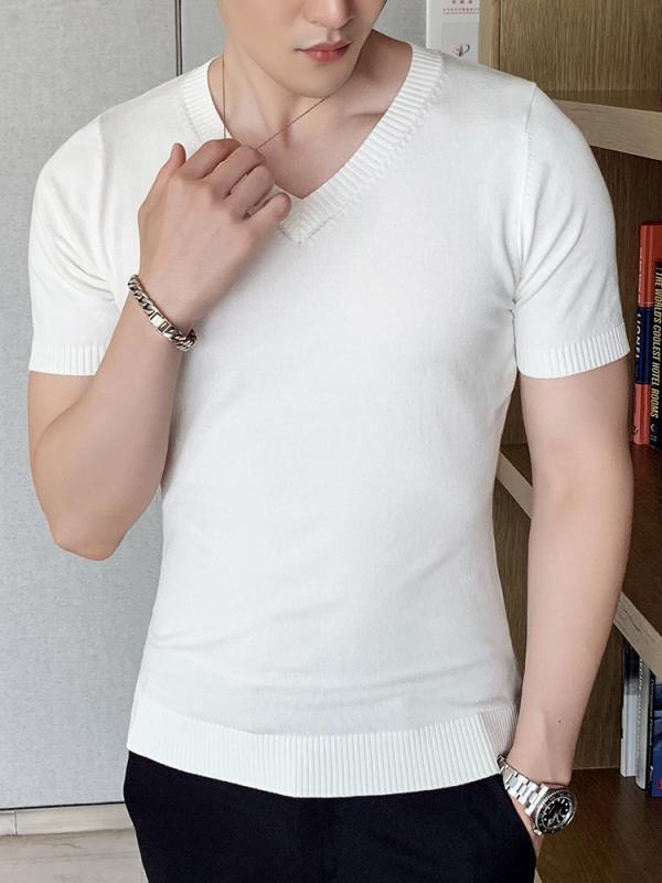 Tシャツ メンズ おしゃれ 夏 Vネック 半袖 ニット シンプル 無地 スリム 接触冷感 涼しい 快適