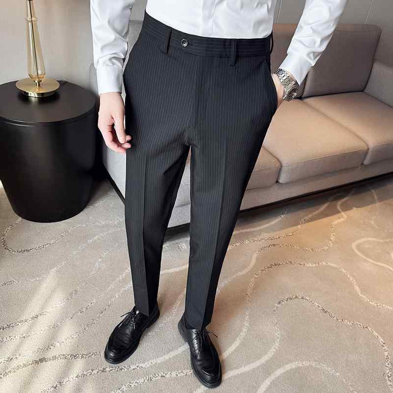 スラックス メンズ きれいめ ビジネス ブルー ストライプ ストレート スリム カジ...