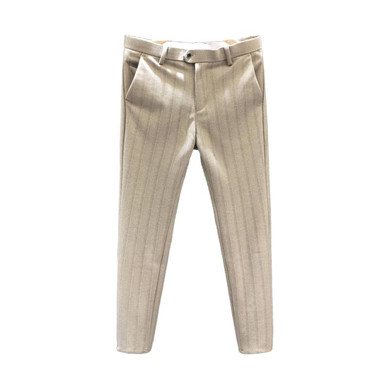 スラックス メンズ きれいめ ビジネス 秋冬 ストライプ 厚手 毛 ライン柄 カジュアル 伸縮性 スリムフィット ストレート ロングパンツ(4.0)