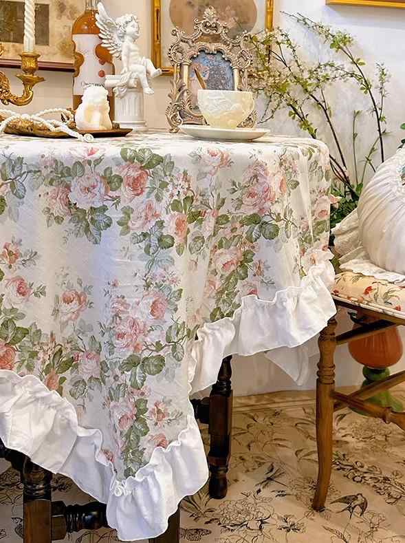 テーブルクロス レトロ 韓国 カントリー調 フレンチ 長方形 防塵 リネン ポリエステル フリル ナチュラル エレガント インテリア リビング 装飾 花柄
