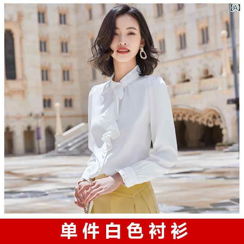 Long-Sleeved - シャツ レディース おしゃれ 白 長袖 スタンドカラー フリル 春秋 上品 きれいめ オフィス カジュアル シンプル 通勤 フォーマル