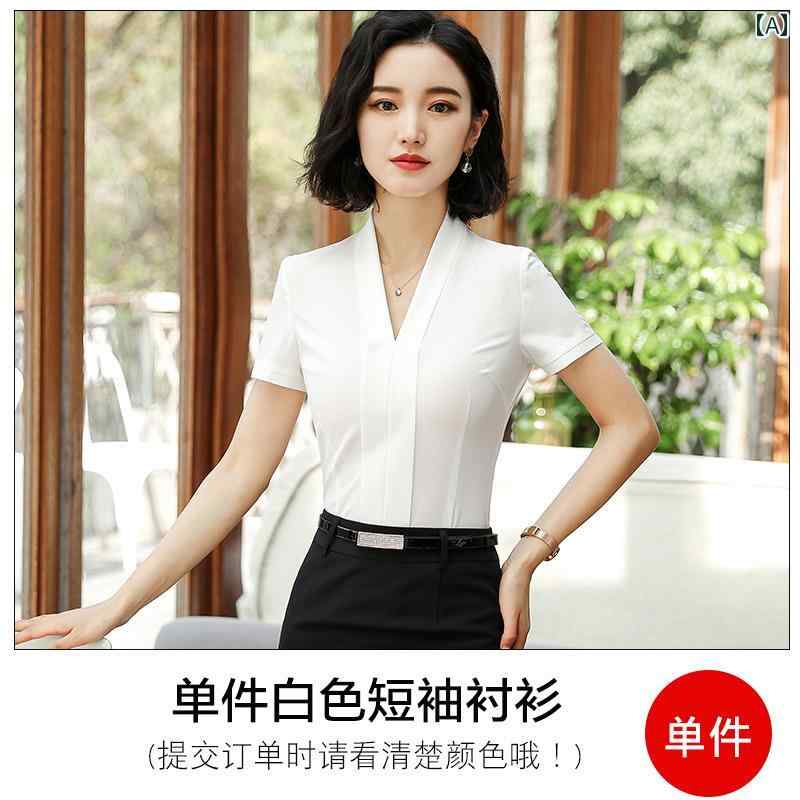 ブラウス レディース おしゃれ 半袖 Vネック 白 シフォン 薄手 オフィス ビジネス フォーマル 夏 着やせ 上品 仕事用 frontop-13121095 フロントップ楽天市場店 サンプル画像2