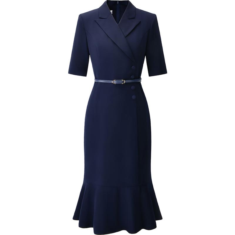 ワンピース レディース きれいめ 夏 通勤 エレガント ミディ丈 フィッシュテール 半袖 ベルト付 体型カバー スリム シンプル 上品