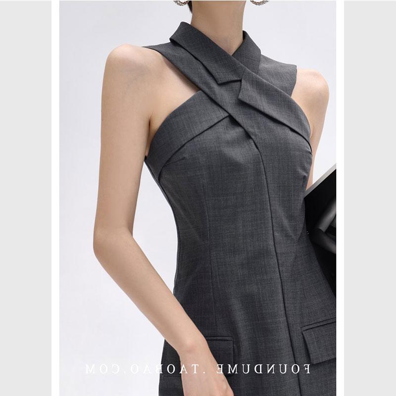 ワンピース レディース きれいめ 夏 深グレー ノースリーブ クロス テーラードカラー タイト シルエット 韓国 スタイリッシュ