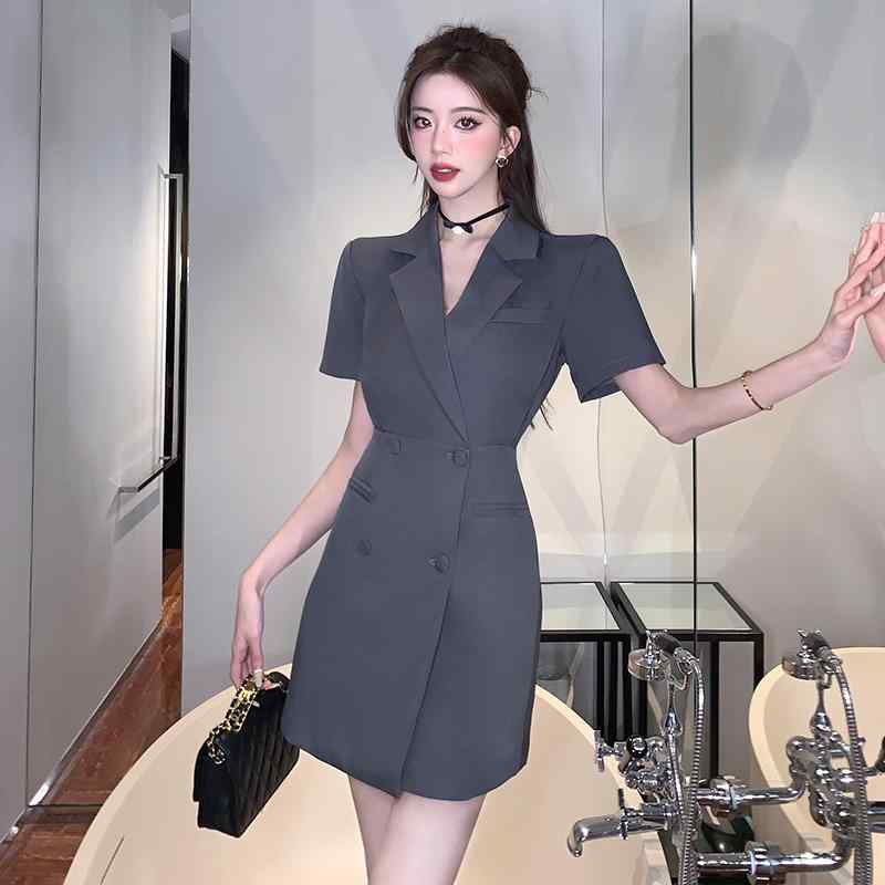 ワンピース レディース きれいめ 夏 ダブルボタン スーツ風 上品 スタイリッシュ 細見え
