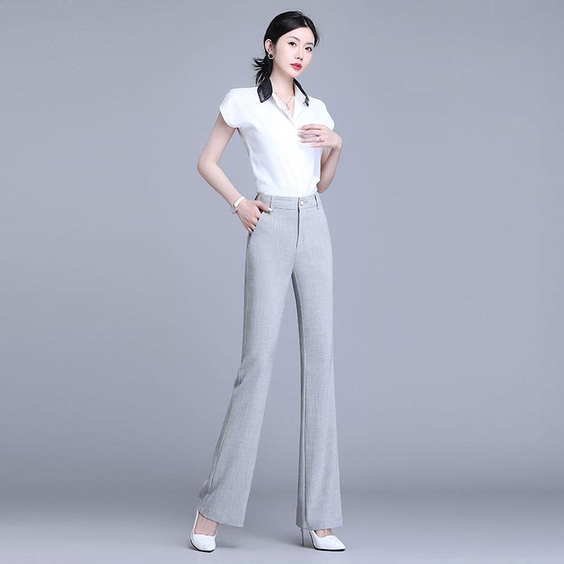 Nylon, Rayon, Polyester - フレアパンツ レディース きれいめ オフィス おしゃれ 九分丈 薄手 綿麻 ハイウエスト ストレート 楽ちん 夏 微フレア 氷のように涼しい カジュアル
