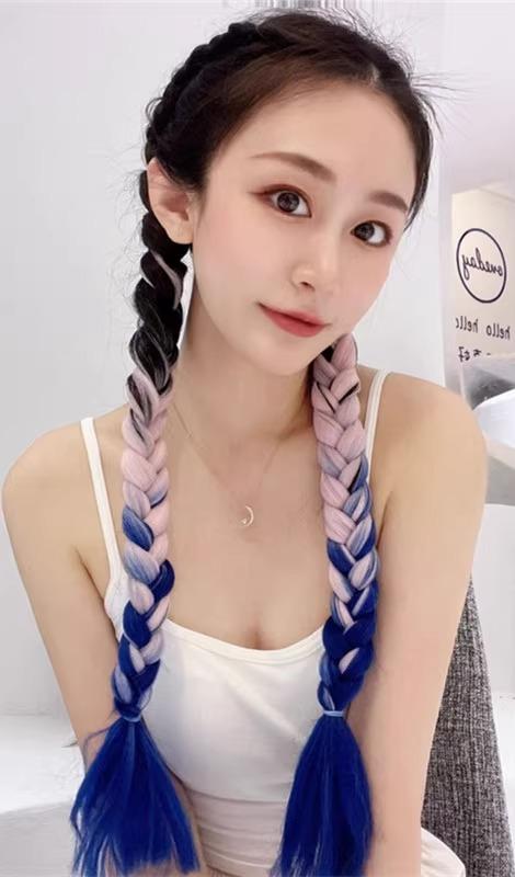 エクステ ゴム ロング おしゃれ コスプレ 三つ編み ウィッグ レディース 子供 ダンス ボリューム カラフル 編み込み ヘアアクセサリー 黒 シルバー ピンク