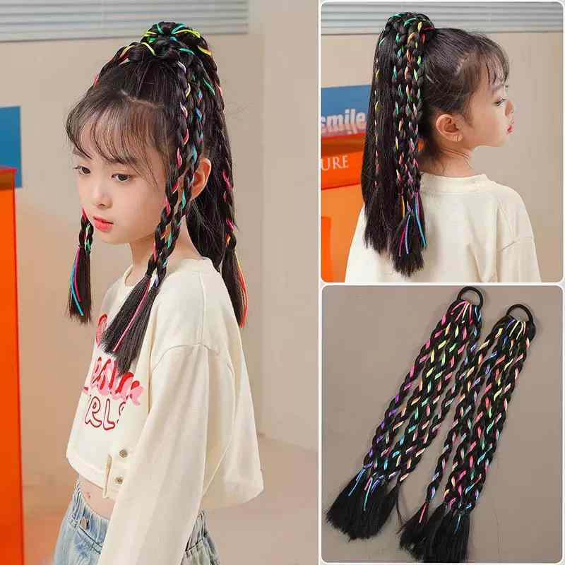 エクステ ゴム ロング おしゃれ コスプレ 子供 ウィッグ 女の子 カラフル 編み込み ストリート ダンス ..