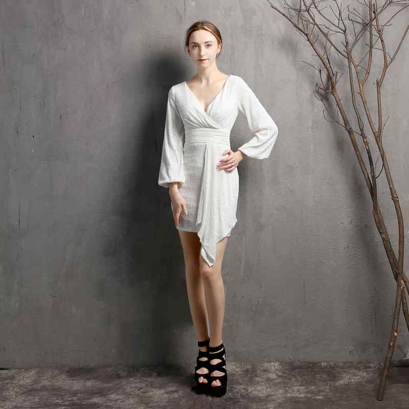 Dresses - キャバ ワンピース レディース おしゃれ キャバクラ ショート丈 パーティー エレガント 上品 ナイトクラブ 小柄 体型カバー Vネック 長袖 無地 結婚式 お呼ばれ フォーマル 普段使い
