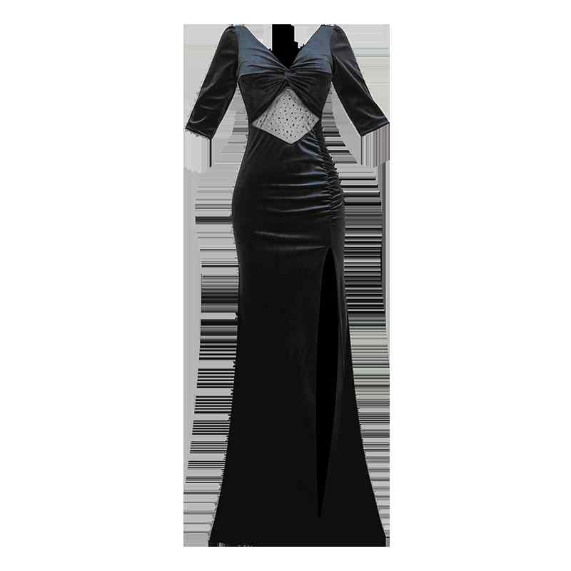 キャバ ワンピース レディース おしゃれ キャバクラ セクシー シルエット 細見え ベロア ヴィンテージ風 ロング丈 タイト ミディ袖 パーティー ドレス 春