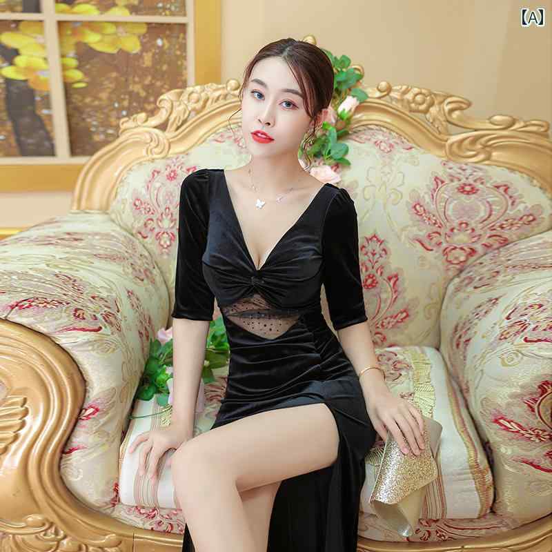 キャバ ワンピース レディース おしゃれ キャバクラ セクシー シルエット 細見え ベロア ヴィンテージ風 ロング丈 タイト ミディ袖 パーティー ドレス 春