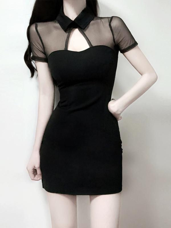 キャバ ワンピース レディース おしゃれ キャバクラ ブラック シースルー 襟 半袖 タイト ミニ丈 セクシー チャイナ風 スリムフィット ナイトクラブ パーティー フォーマル