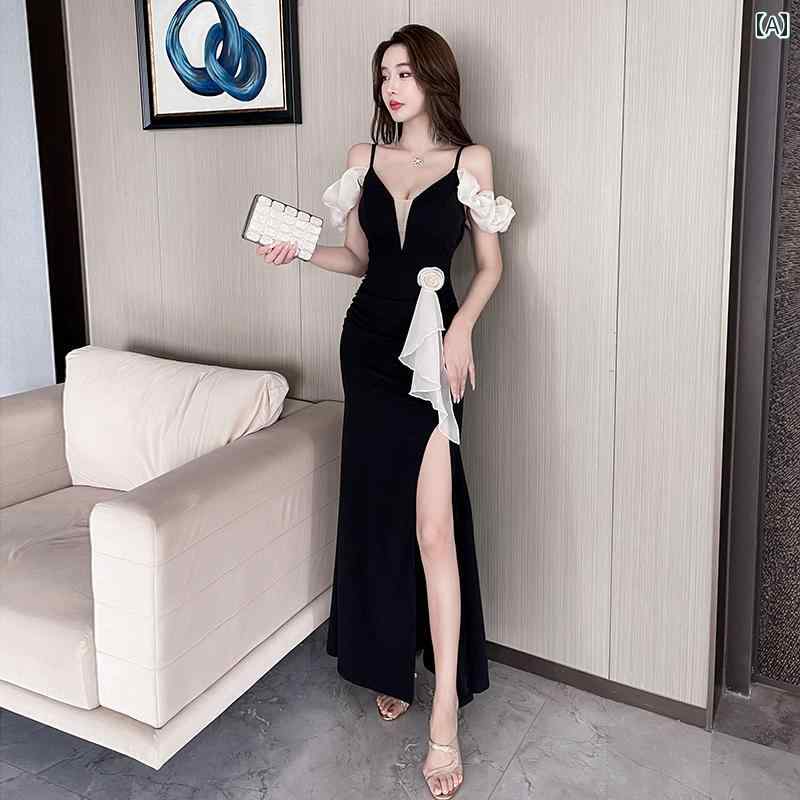 キャバ ワンピース レディース おしゃれ キャバクラ セクシー オフショルダー キャミソール ロング丈 パーティー 二次会 フリル スリット タイト ドレス スリム エレガント 若見え ナイトクラブ 夜会 夏 スリムフィット