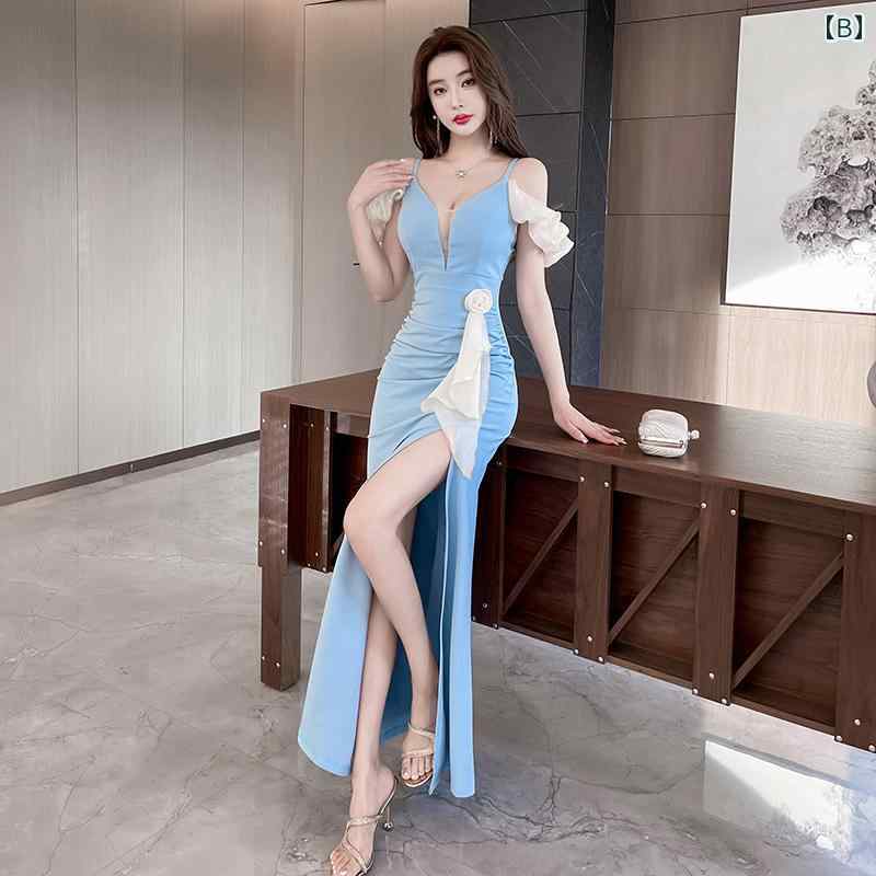 キャバ ワンピース レディース おしゃれ キャバクラ セクシー オフショルダー キャミソール ロング丈 パーティー 二次会 フリル スリット タイト ドレス スリム エレガント 若見え ナイトクラブ 夜会 夏 スリムフィット