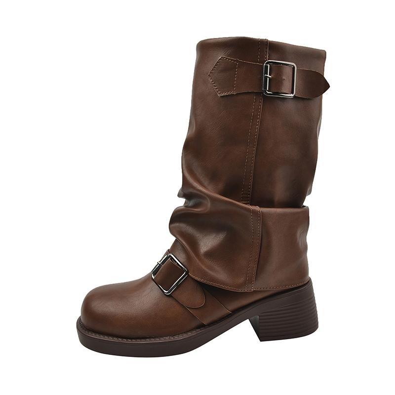 ブーツ レディース おしゃれ ヴィンテージ風 ウエスタン ミドル丈 ラウンドトゥ 太ヒール ベルト しわ ..