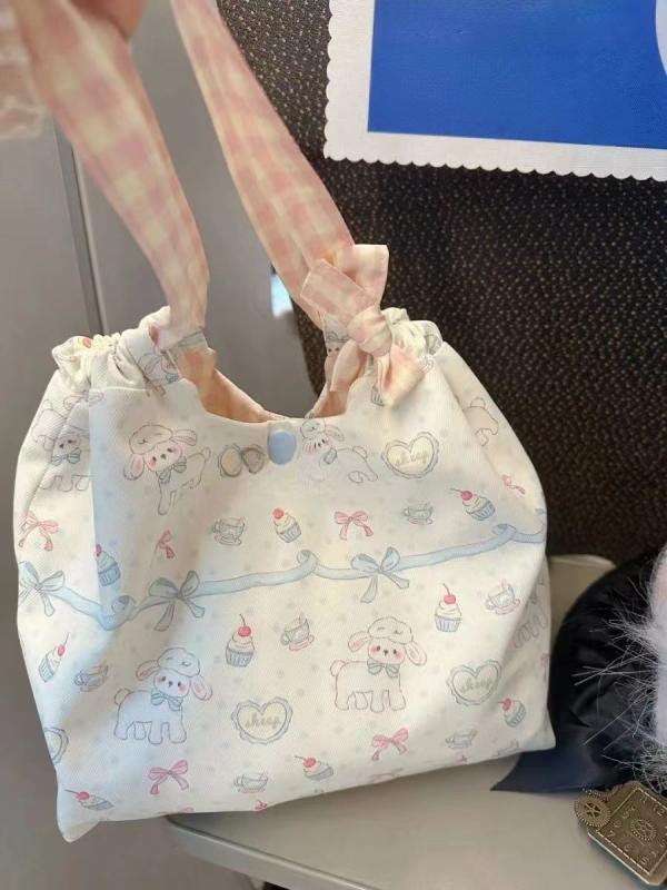 VANESSA BRUNO - ショルダーバック レディース 鞄 手提げ トート キャンバス リボン スナップボタン 柔らかい 大容量 普段使い 旅行 かわいい ガーリー 犬 チェック柄