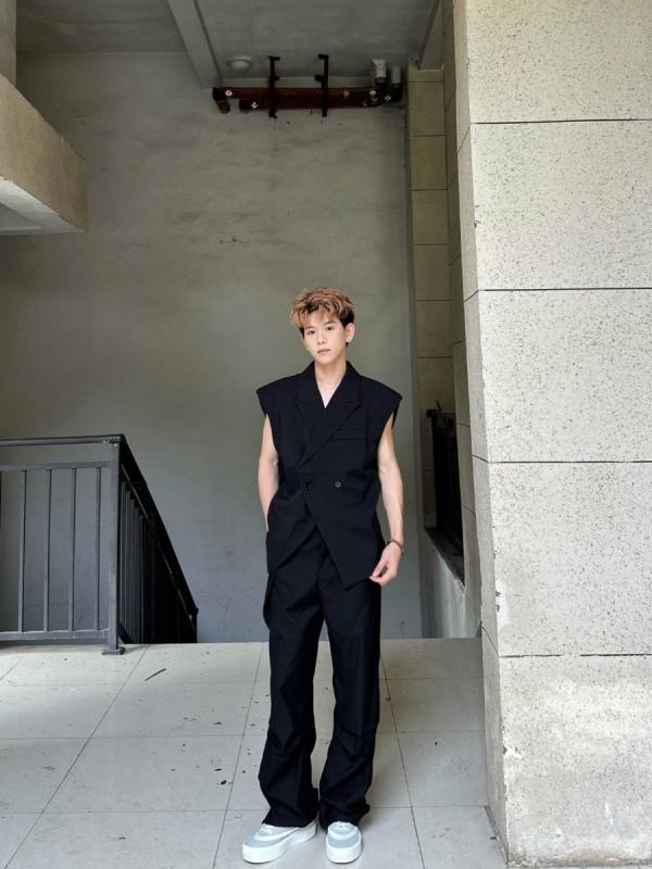 ベスト メンズ おしゃれ シングルブレスト ビッグシルエット カジュアル 夏 黒 無地 スタイリッシュ