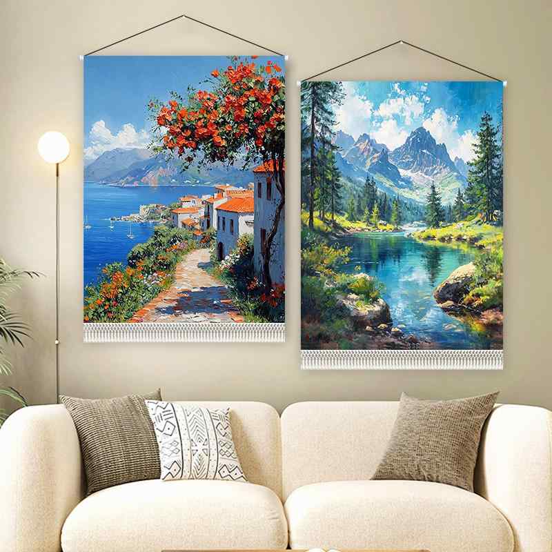 タペストリー おしゃれ 縦長 長方形 タッセル 厚手 手洗い可 壁掛け アート リビングルーム 寝室 装飾 背景布 カントリー 油絵風 風景画 自然 山 海