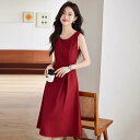 ワンピース レディース おしゃれ 赤 春秋 ミディ丈 ノースリーブ タイト ウエストマーク 体型カバー 着やせ シンプル 上品