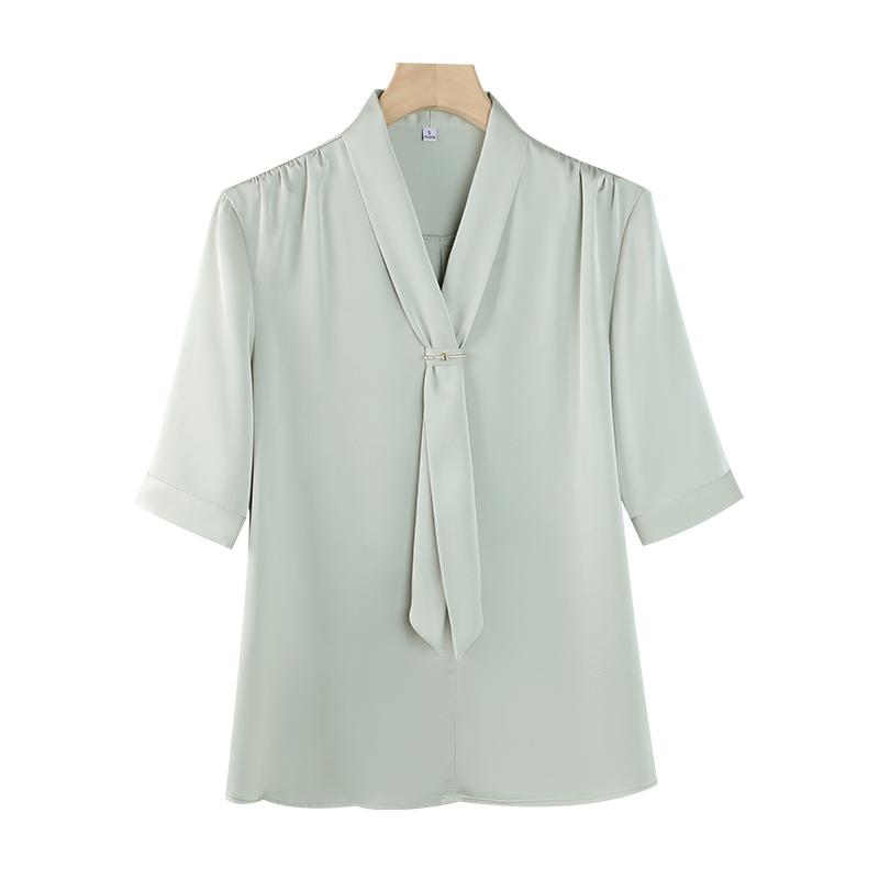 ブラウス レディース おしゃれ 半袖 薄手 夏 シフォン 風 リボン 襟 上品 通勤 オフィス きれいめ 着回し