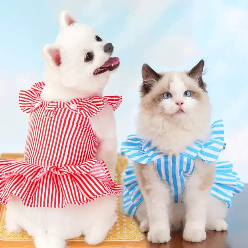 犬 服 女の子 かわいい 柔らかい 夏 プリンセス ストライプ チェック ハート柄 小型 中型 ドレス 猫 ペ..