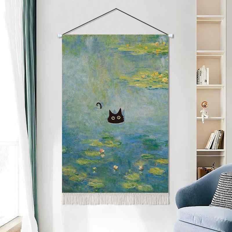 タペストリー 壁掛け 布製 長方形 厚手 タッセル リビング 寝室 玄関 インテリア 装飾 吊り飾り ウォールアート 洗える 個性的 おしゃれ 黒猫 風景 花柄