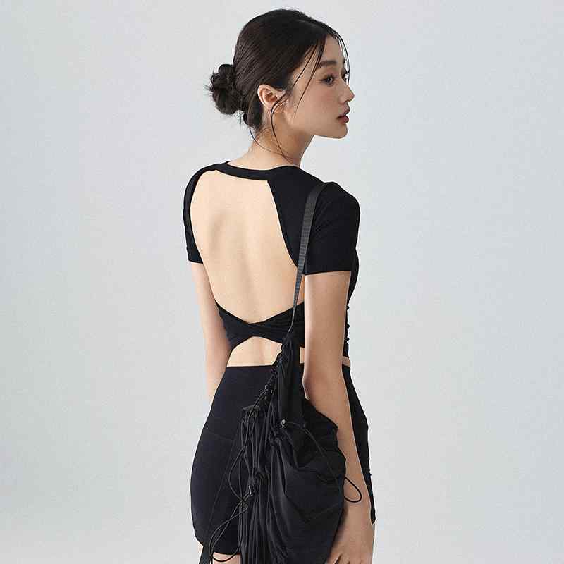 スポーツトップス レディース 夏 オープンバック カップ付き 美背 ピラティス ヨガウェア 半袖 速乾 通気性 スリムフィット クロップド丈 フィットネス ジム ランニング トレーニング 普段使い(4.0)