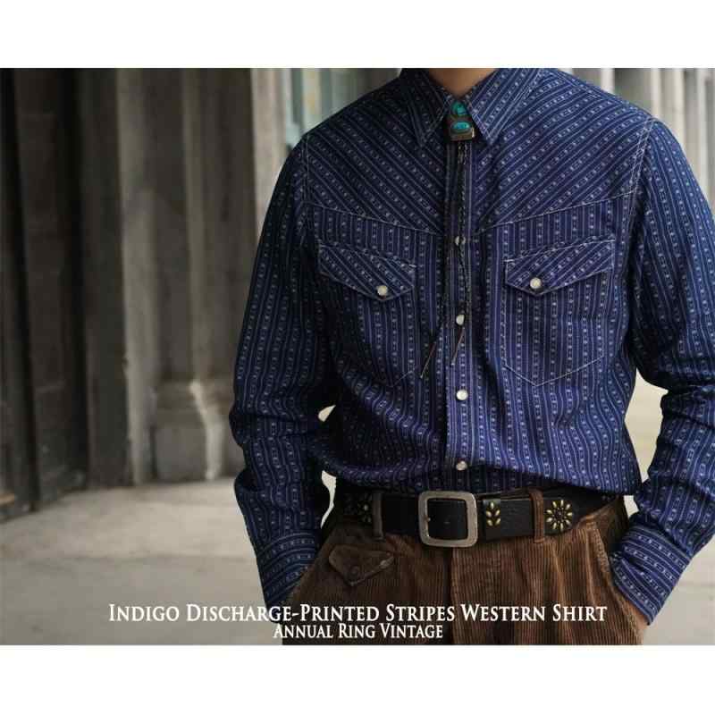 Denim Shirt - シャツ メンズ おしゃれ 長袖 秋 ヴィンテージ風 ウエスタン デニム ストライプ インディゴ 綿 カジュアル