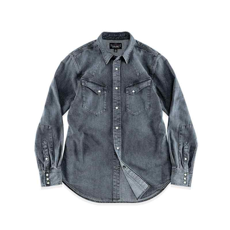 Denim Shirt - デニムシャツ メンズ おしゃれ 長袖 ヴィンテージ風 ウエスタン クラシック アメカジ 大きめシルエット 無地 秋冬 コットン ボタンフロント ポケット