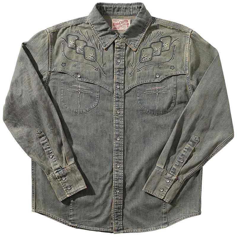 Denim Shirt - シャツ メンズ おしゃれ 長袖 ウエスタン 刺繍 ウォッシュド デニム アメリカン ヴィンテージ風