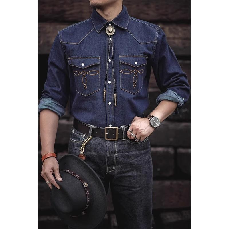 Denim Shirt - ジャケット メンズ おしゃれ アメカジ ヴィンテージ風 デニム ウエスタン シャツ 重厚 ウォッシュ加工 長袖 カジュアル