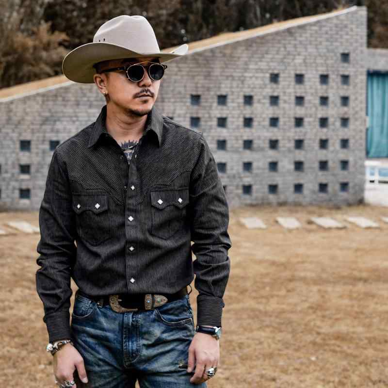 シャツ メンズ おしゃれ ヴィンテージ風 ジャカード ストライプ ウエスタン 長袖 綿 厚手 ウォッシュ加工 カジュアル