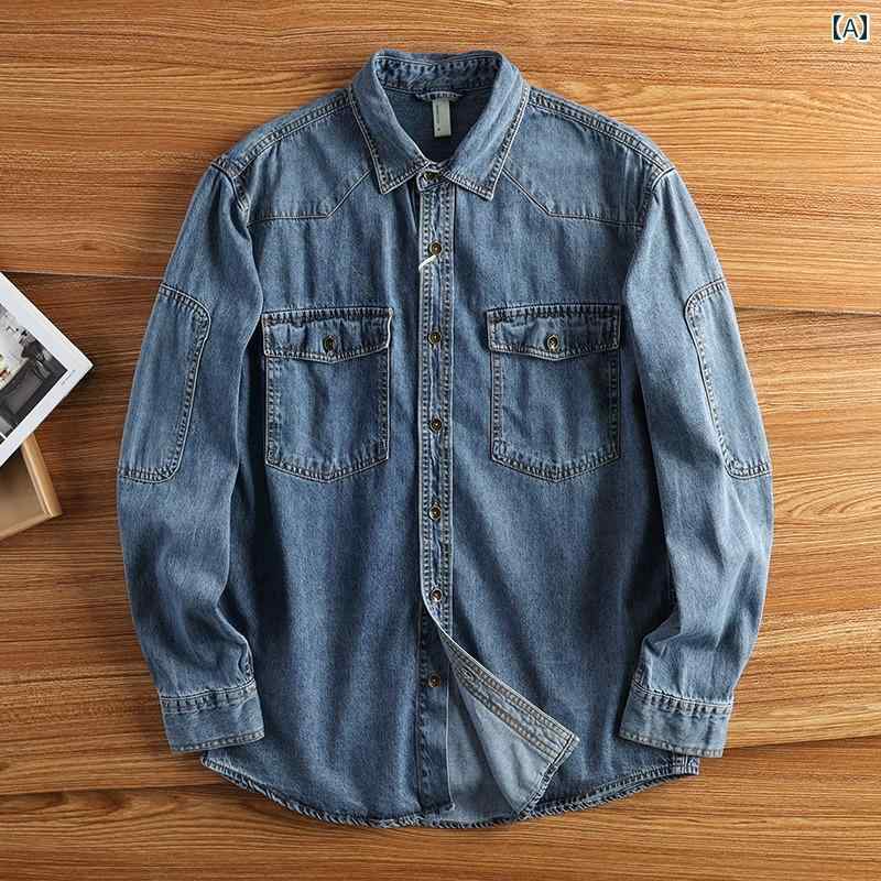 Denim Shirt - シャツ メンズ おしゃれ 長袖 デニム ウエスタン アメリカン ヴィンテージ風 カジュアル ワーク ウォッシュド作業着 春秋