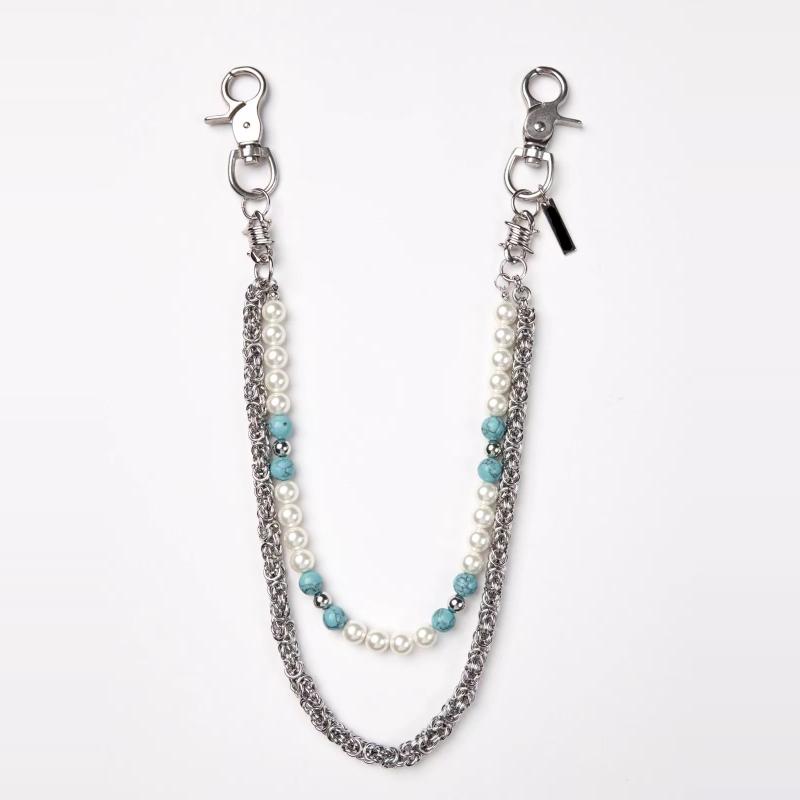 パンツチェーン シルバー チェーン パール グリーンストーン ウエスト アクセサリー デニム スラックス 男女兼用 装飾