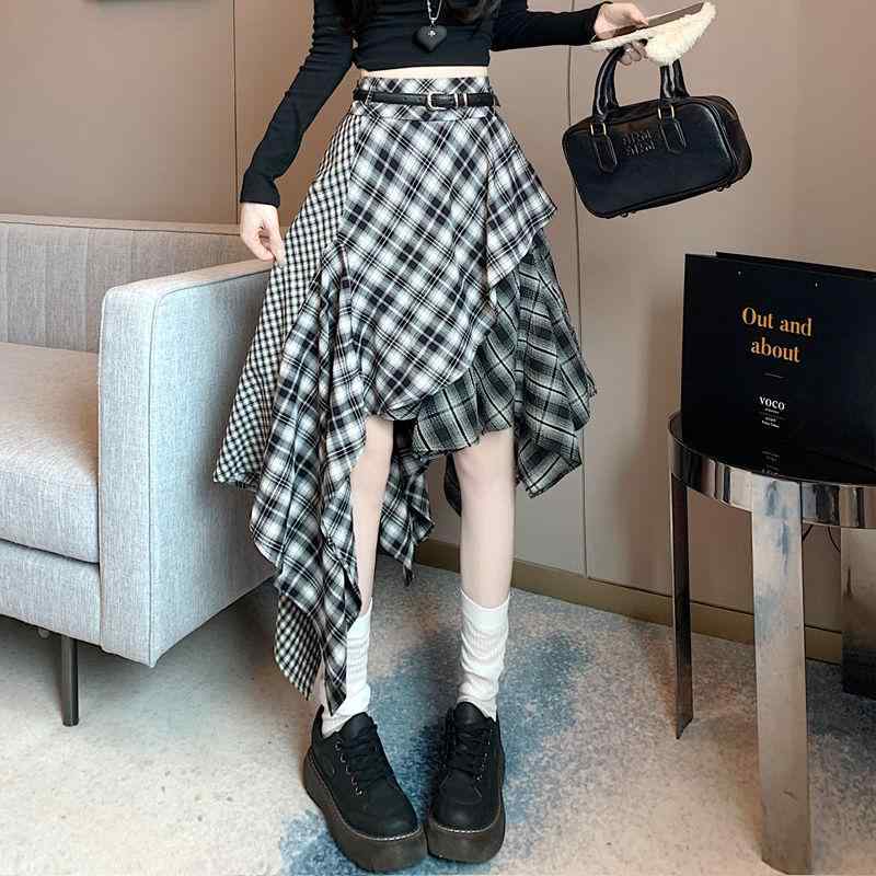 スカート レディース おしゃれ 不規則 ヴィンテージ風 モノトーン チェック柄 アシンメトリー ミモレ丈 春 プリーツ Aライン 学生風 ガーリー 可愛い