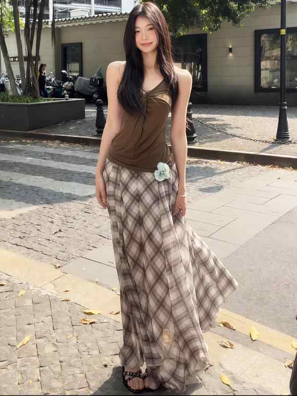 スカート レディース おしゃれ 夏 チェック柄 ブラウン メッシュ ロング ハイウエスト フレンチ風 レトロ スリム 着やせ
