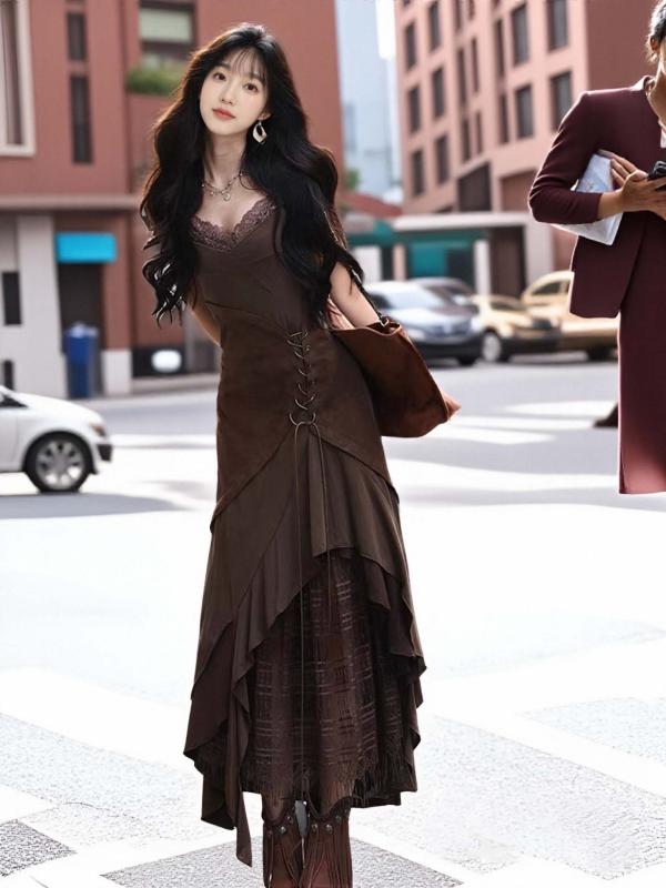 スカート レディース おしゃれ ブラウン レース切り替え 不規則 Aライン ロング 秋 砂漠風 ウエストマーク