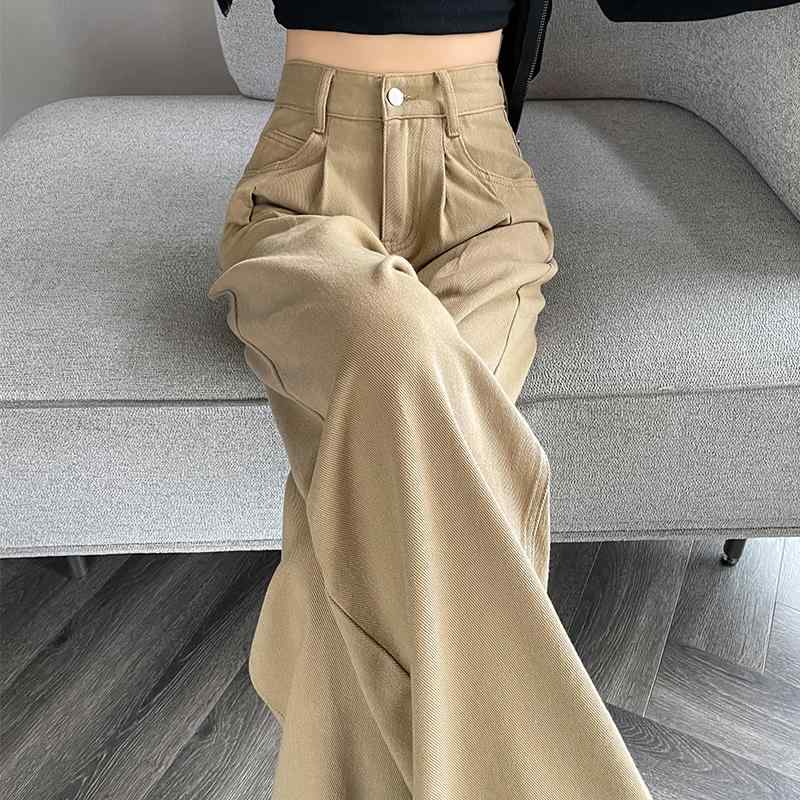 ワイドパンツ レディース おしゃれ カーキ ストレート ハイウエスト ゆったり 体型カバー カジュアル 夏 デニム風