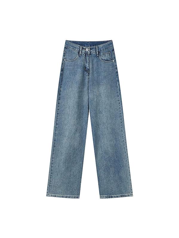 Straight Jeans - ワイドパンツ レディース おしゃれ ブルー ストレート デニム 春 ハイウエスト ゆったり 体型カバー ぽっちゃり 細見え ヴィンテージ風