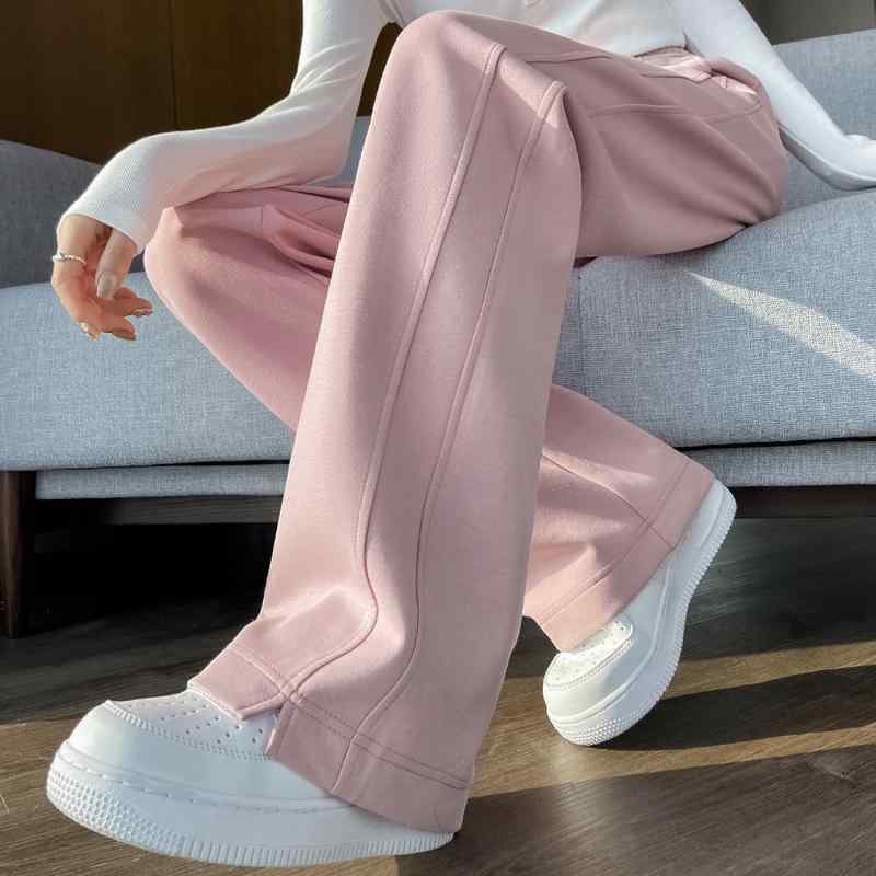 乐天商城 - パンツ レディース おしゃれ 春秋 薄手 ハイウエスト ピンク ストレート 落ち感 スポーツ ワイド ゆったり カジュアル