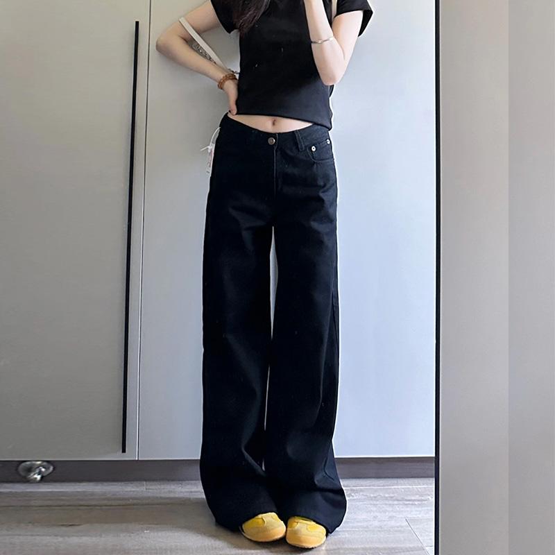 Other - ワイドパンツ レディース おしゃれ ブラック ストレート デニム 春 ハイウエスト ゆったり 美脚 アメリカン フルレングス