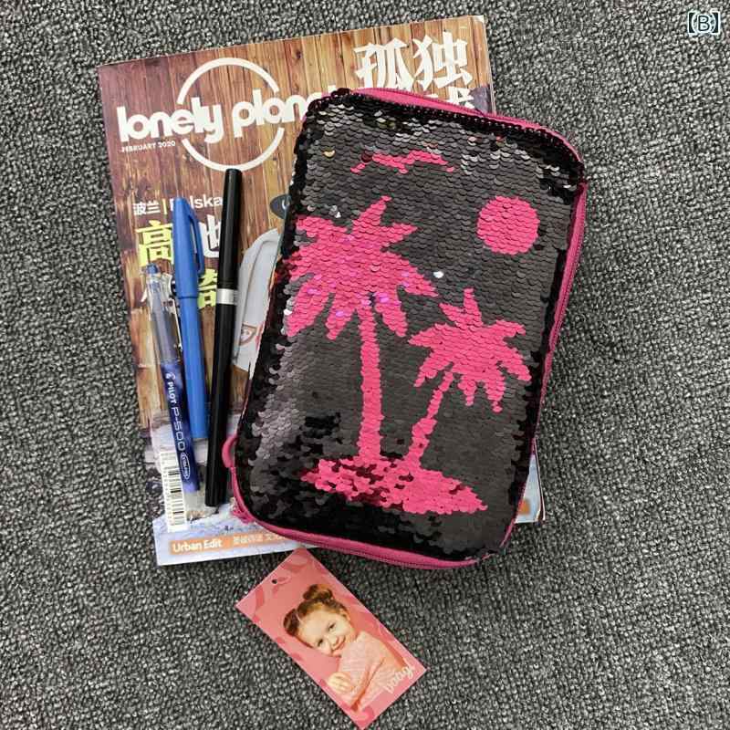 ペンケース 大容量 仕切り 学生 キャンバス スパンコール ハードシェル ジッパー 多機能 キラキラ ポータブル 文房具 収納 ロケット ヤシの木 大きいサイズ