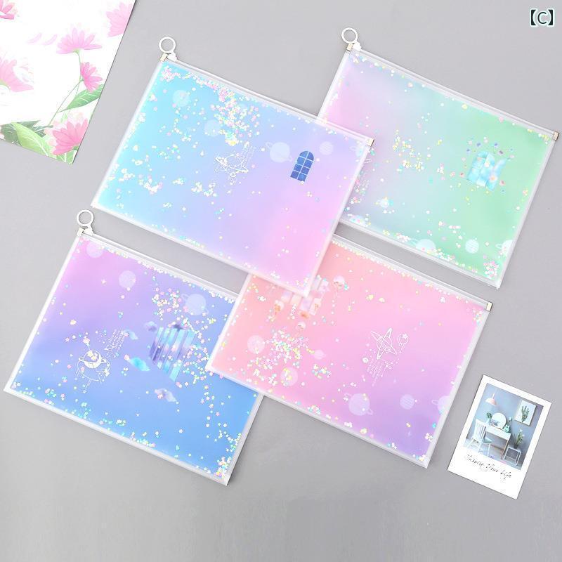 ペンケース 大容量 可愛い ファイルバッグ 学生 PP スパンコール 二層 ファスナー キラキラ ポータブル 書類 領収書 文房具 収納 くま 猫 恐竜 4点セット