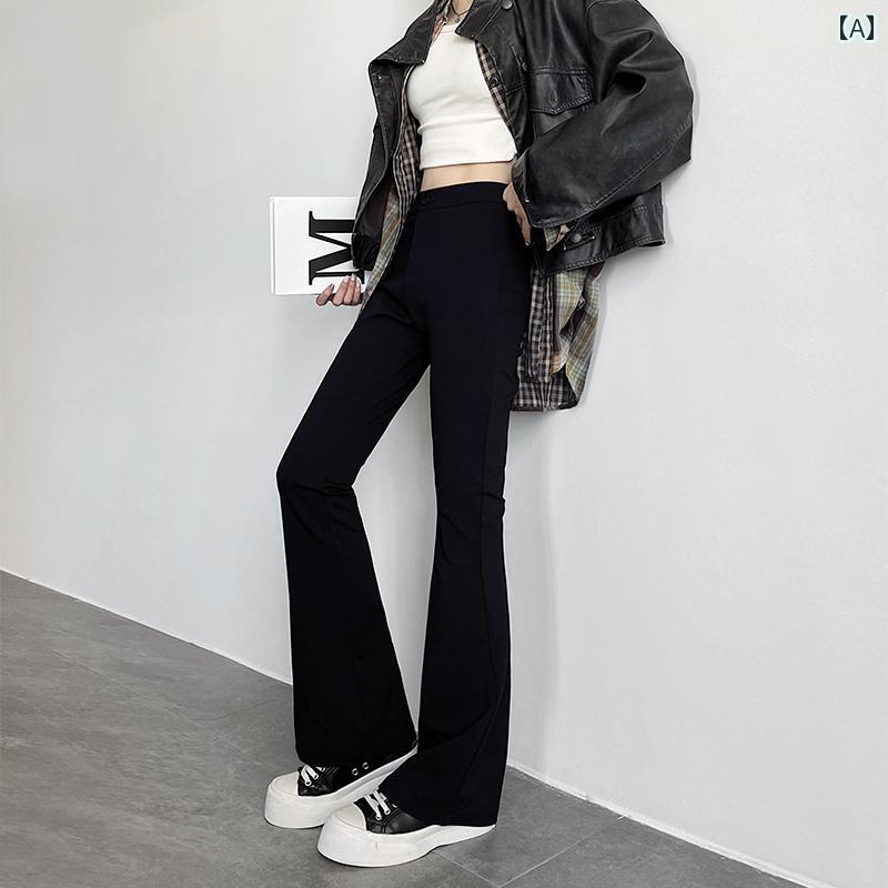 乐天商城 - パンツ レディース おしゃれ 黒 ハイウエスト ストレート 微フレア ベルボトム 体型カバー 春秋 脚長 美脚 カジュアル