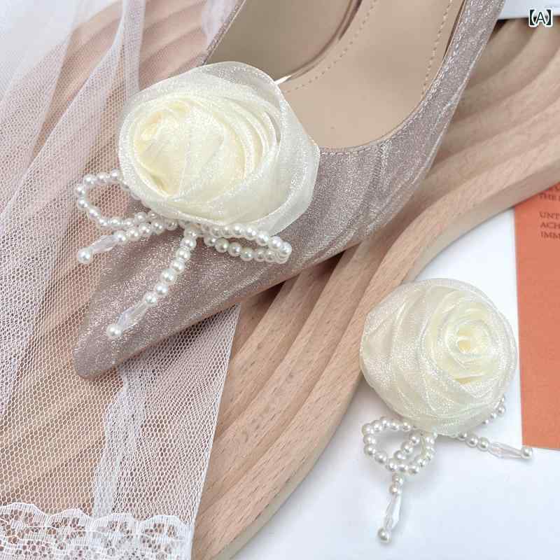 シューズクリップ 風 バラ 花 シューズアクセサリー パール リボン シューズ飾り 結婚式 二次会 華やか 上品 ワンタッチ 付け替え シューズデコ 靴装飾